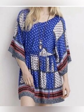 American Eagle Blue White Patchwork Mini Dress Women’s Sz M Cottagecore Boho